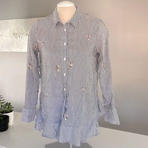 M Zara Women Blue/White Striped Long Sleeve Button Shirt w/ Floral Embroidery